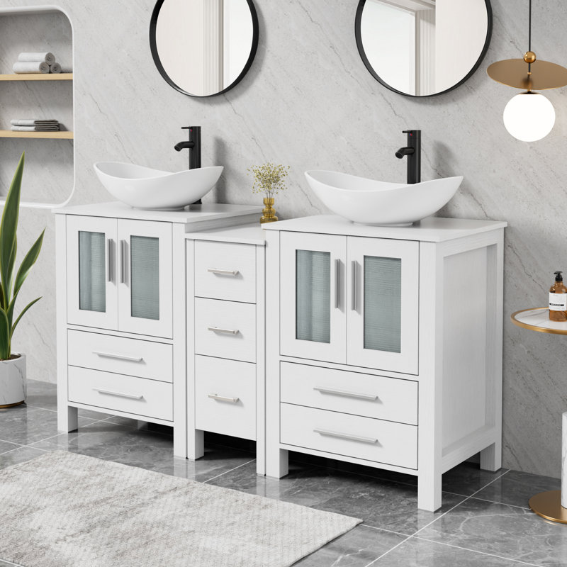 Sharee 60" Double Sink Bathroom Vanity With Vessel Sink, Manufactured Wood Top, Faucet And Drain, White