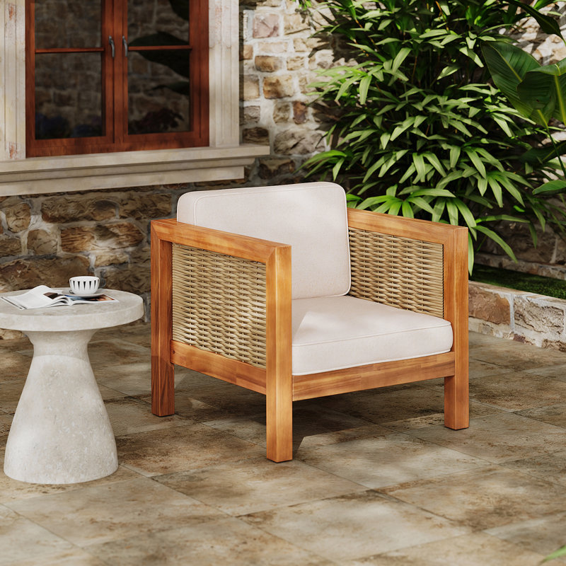 Acacia Wood Outdoor Club Chair With Wicker Armrest And Beige Cushions,400 Lbs Capacity
