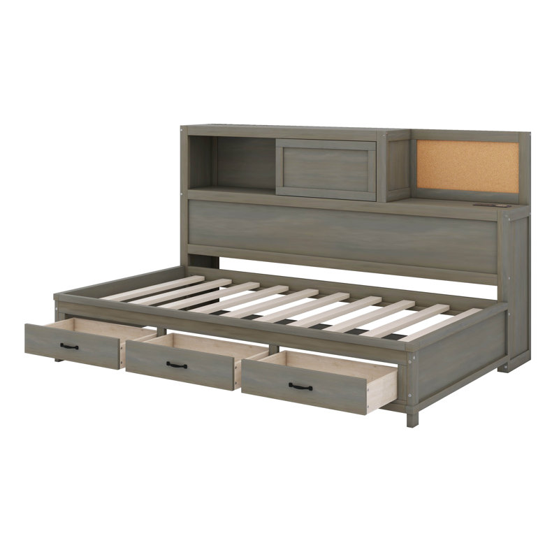 Lit de jour en bois avec tiroirs, tête de lit, tablette et ports USB, Gris