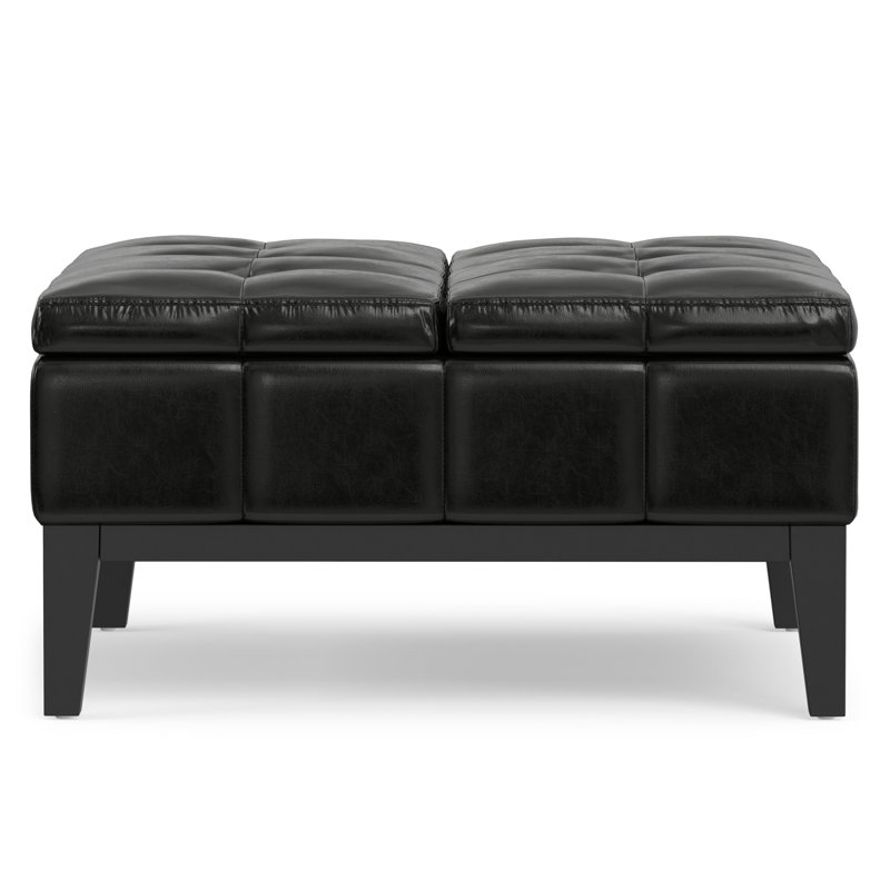 Dover 36"W Upholstered Vegan Leather Contemporary Square Coffee Table Storage Ottoman with Split Lift-Top, Midnight Black