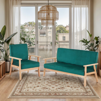 Canapé 60 po en velours et fauteuil d'appoint pour salon, ensemble de fauteuils relaxant de style Mid-Century avec structure en bois massif et coussin moelleux