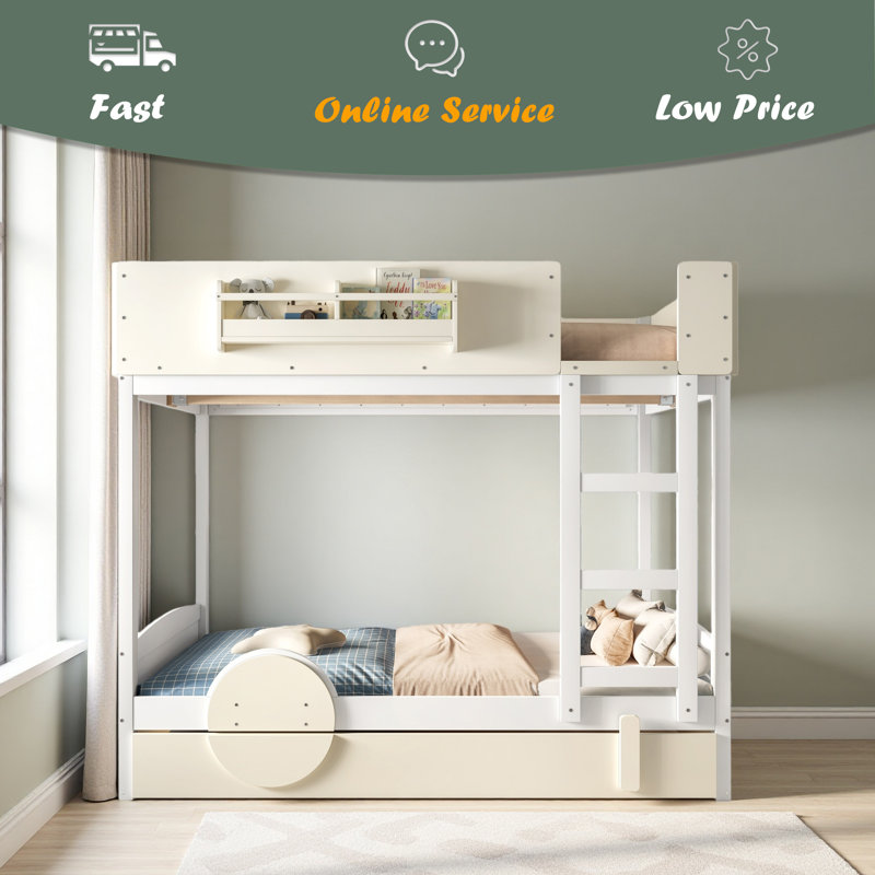 Lit superposé double avec lit gigogne, cadre de lit superposé en bois avec bibliothèque intégrée et garde-corps de sécurité de haute qualité, conception de forme d'automobile pour enfants