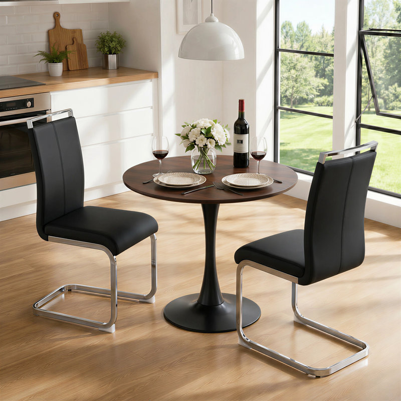 Ensemble de salle à manger 3 pièces avec chaises en porte-à-faux en similicuir, Noyer, Noir, Noir