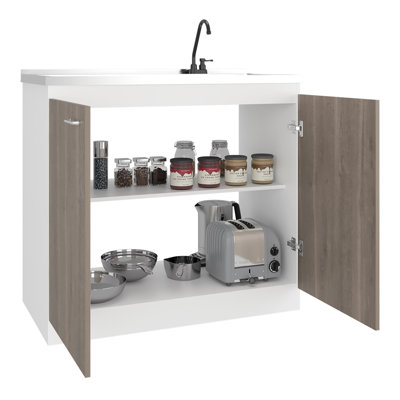 Freestanding Utility Sink With Faucet And Countertop, Cabinet Metal Handles Storage, Ideal For Office Kitchens Workspaces, Engineered Wood Two Interior Shelves, Modern Style