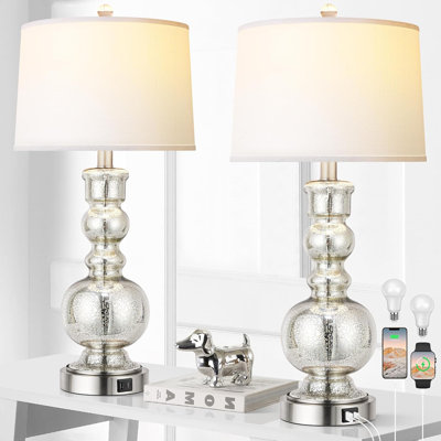 Modern Dimmable Touch Control Table Lamps With USB A+C Ports, Mercury Beaded Glass Design, Includes 2 LED Bulbs, Ideal For Bedroom, Living Room, Or Nightstand