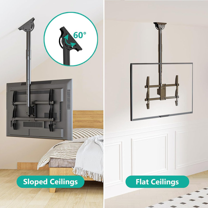 Heavy-Duty Ceiling TV Mount: 70” Fit, 360° Swivel, Versatile Ceiling Compatibility
