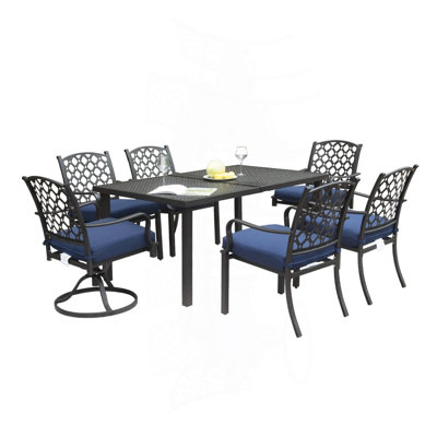Ensemble de conversation d'extérieur 7 pièces pour patio, table de salle à manger en métal, ensemble de conversation pivotant et chaises de salle à manger avec coussins amovibles bleu marine pour jardin