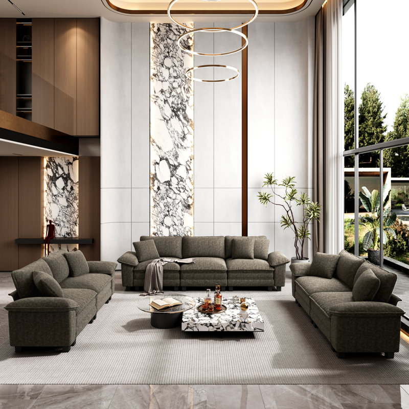 Ensemble de canapé modulaire rembourré 3 pièces, ensemble de canapé surdimensionné avec canapé et causeuse, Chenille cendré