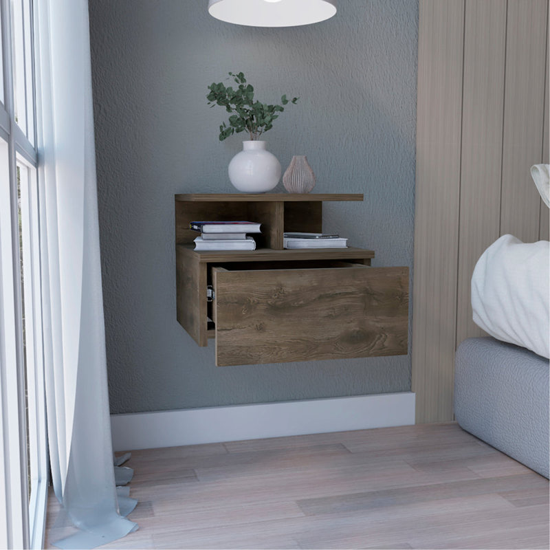 Table de chevet flottante murale avec tiroir simple et tablette à 2 niveaux, Brun