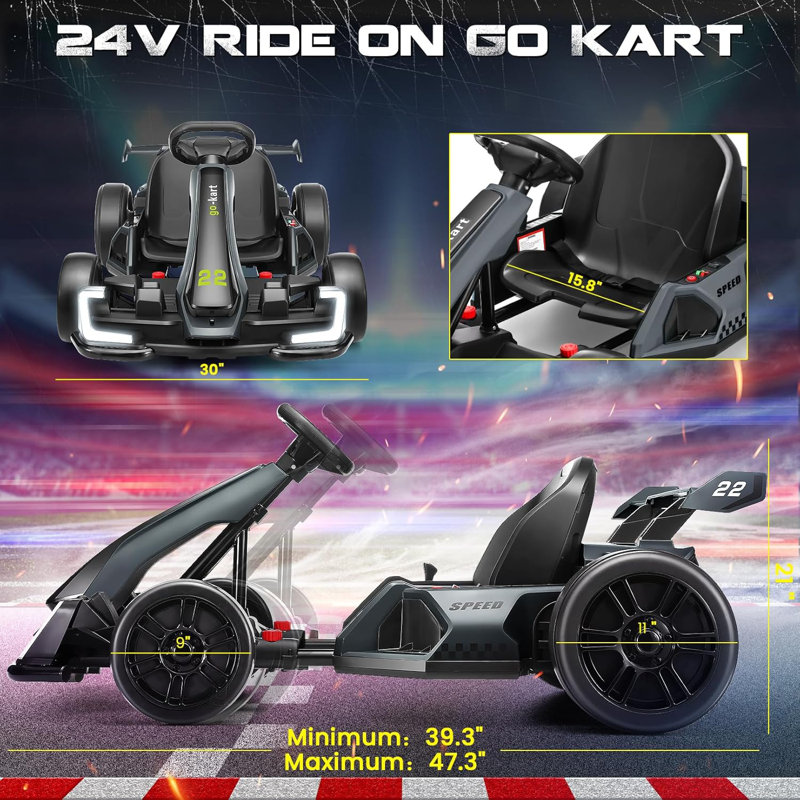 Voiture de kart électrique avec siège réglable Go Kart, Noir, noir, noir, noir