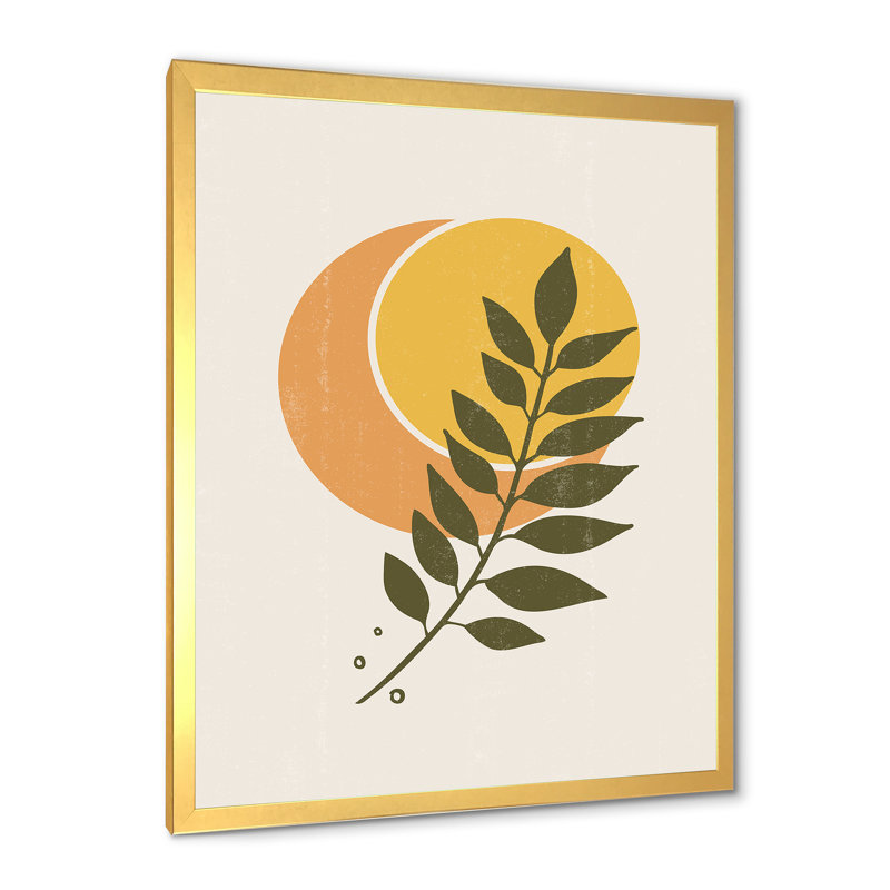 Abstrait géométrique soleil et lune avec feuille V - Impression sur toile, H 32 po x l 16 po x P 1,5 po, Toile encadrée d'or