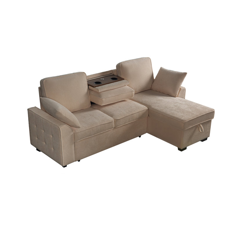Canapé-lit convertible de 85 po avec méridienne avec rangement, canapé-lit en forme de L moderne avec double porte-gobelet, plateau amovible et 2 pollows