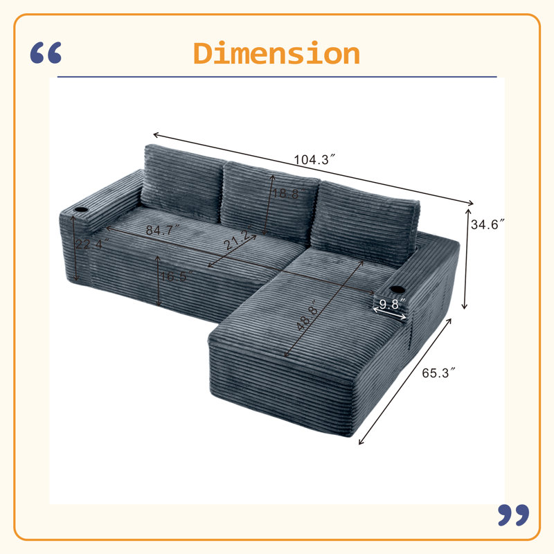 Canapé modulaire 104 po Cloud, Velours côtelé gris, Face à la droite