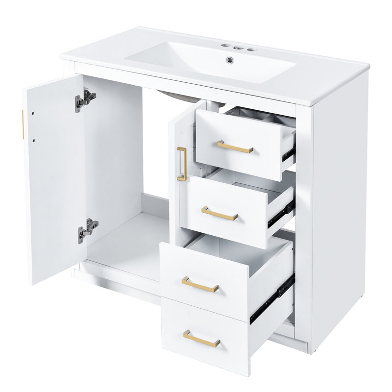 Armoire de salle de bain de 36 pouces avec lavabo en céramique, structure en bois massif, trois tiroirs, portes, rangement spacieux, style rétro, lavabo de meuble-lavabo à poignées en métal exquis et glissière de tiroir lisse, charnières, finition blanche,