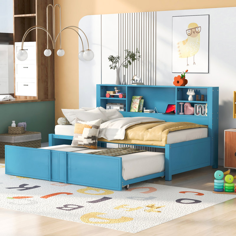 Lit de jour simple en métal avec lit gigogne simple, tablettes de rangement et ports USB, bleu
