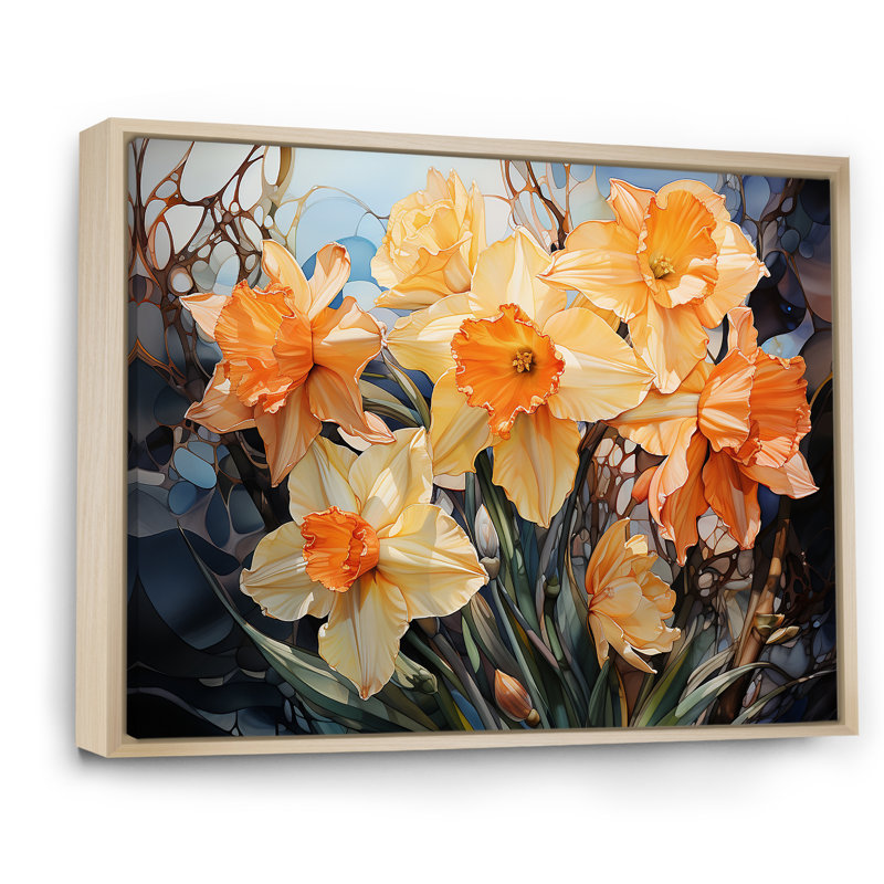 " Orange Daffodils Efflorescence ", 34" H x 44" W x 1.5" D, Natural Floater Framed