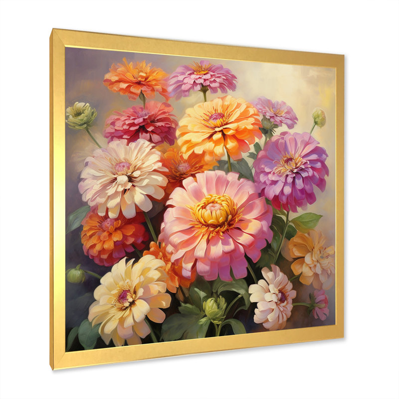 "Colorful Zinnias", impression romantique sur toile encadrée, Cadre doré à une seule photo, H 24 po x l 24 po x P 1 po