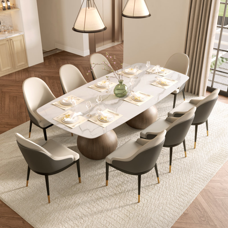 Grande table de salle à manger, 9 pièces : table, 8 chaises, Dessus ambré / base brune / chaises orange