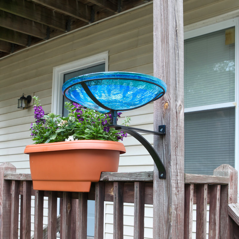 14" Crackle Glass Birdbath with Wall Bracket, Teal