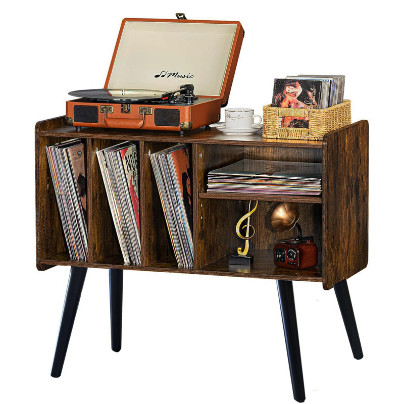 Record Player Stand With Vinyl Record Storage, Mid-Century Turntable Stand For Living Room Bedroom Office, Record Player Table