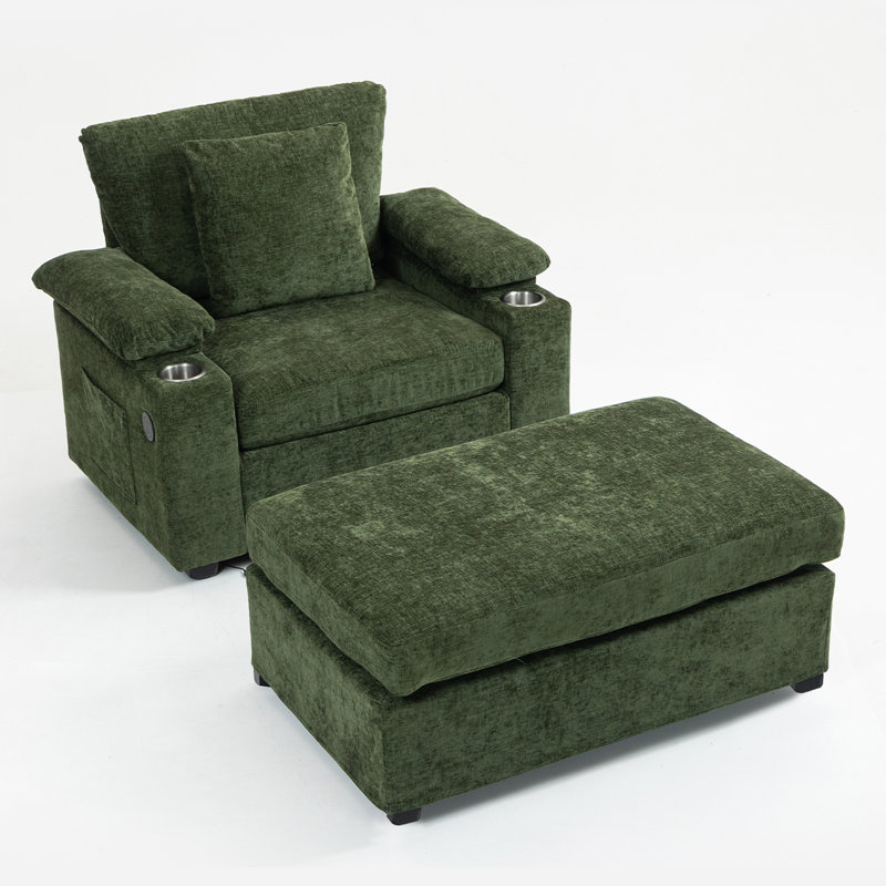 Fauteuil surdimensionné en chenille avec repose-pieds, porte-gobelet et port de chargement USB, Vert