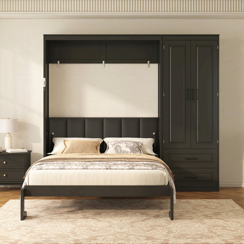 Grand lit escamotable avec garde-robe et tiroirs de rangement, tête de lit tapissier, Black