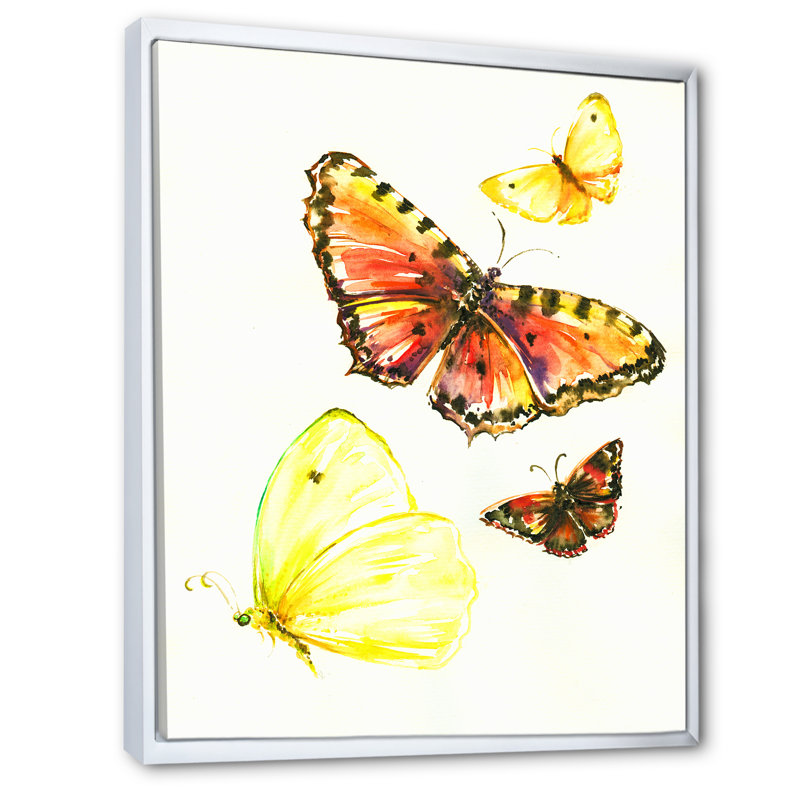 Illustration de magnifiques papillons jaunes sur toile, H 32 po x l 16 po x P 1 po, Cadre flottant blanc