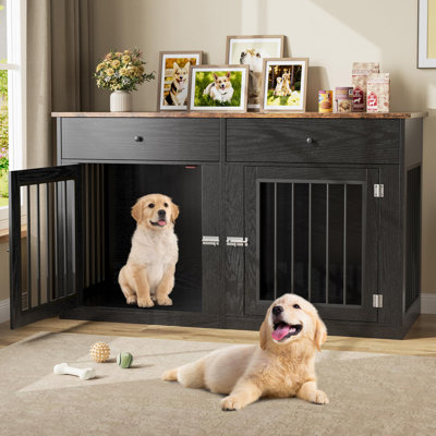 Meuble pour chien 60 po pour 2 chiens, meuble télé robuste pour chenil avec 2 tiroirs, caisses pour petits chiens de taille moyenne, table de bout pour cage intérieure pour chien, noir et brun rétro