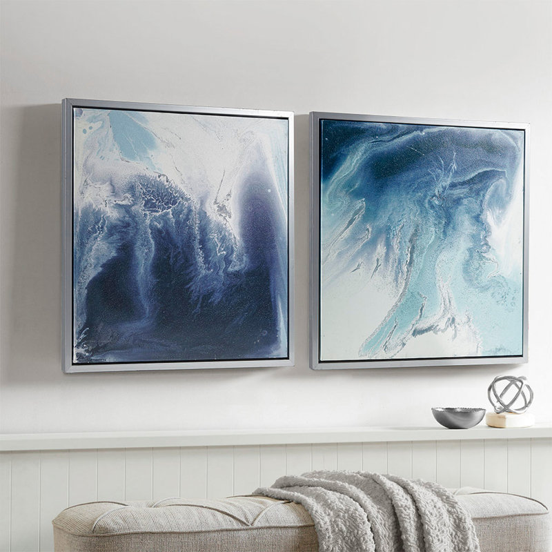 2 toiles abstraites bleues, 25,5 po x 25,5 po, cadre en nickel brossé avec art mural de chef-d'œuvre de style lagon, l 25,5 po x H 25,5 po, et suspension