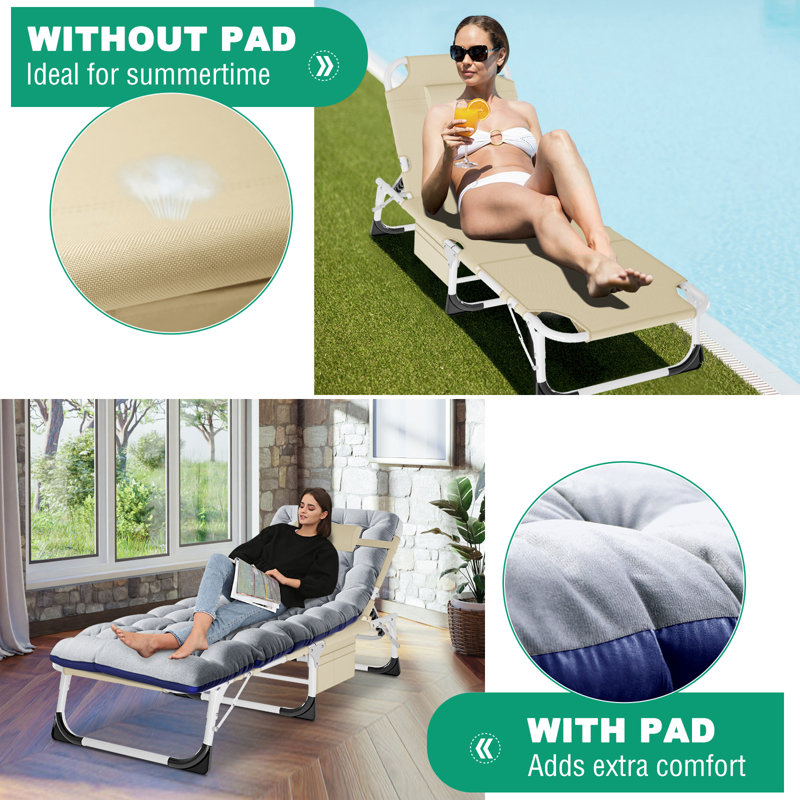 Méridienne pliante 2PK avec 5 positions réglables, trou, coussin et coussin à 2 côtés, 2 sangles de transport, Kaki