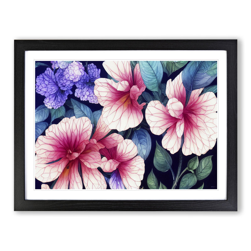 Bedazzled Watercolour Flowers - Single Picture Frame Print, 46cm H x 64cm W x 2cm D, Black Frame