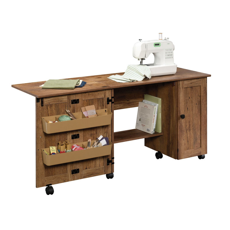 Sewing Table with Wheels, Brown, Brown, 28.504" H x 40.079" W x 19.449" D