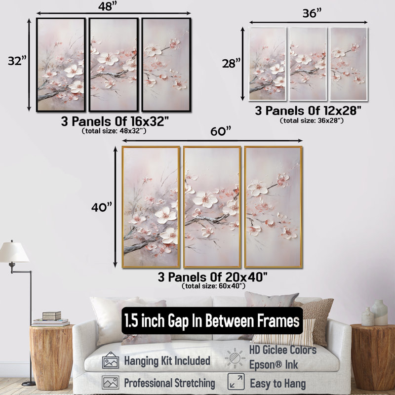 Ensemble de salon Gonsales - Fleurs, art mural, H 32 po x l 48 po x P 1 po, Cadre flottant brun