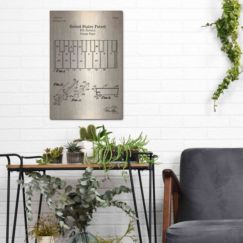 «Piano Keys Blueprint Brevet Parchment», art mural en métal, H 16 po x l 12 po