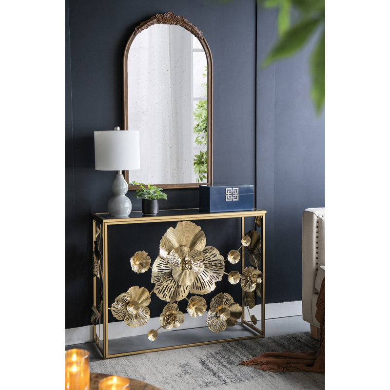 Console dorée 39,5 po x 12 po x 30,5 po avec dessus en verre miroir, table d'entrée moderne pour salon ou hall d'entrée.