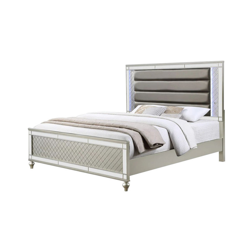 Lit Cristo, revêtement en tissu gris, bois champagne, garniture de miroir, Grand