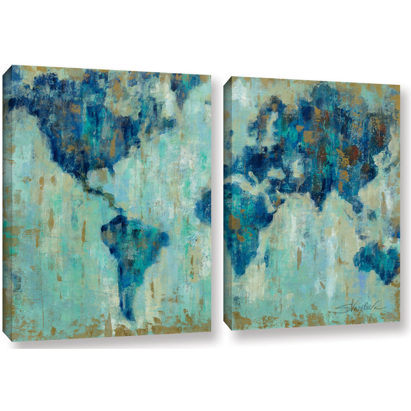 Map of the World by Silvia Vassileva 2 Piece Print Set on Canvas, Wrapped Canvas, 32" H x 48" W x 2" D