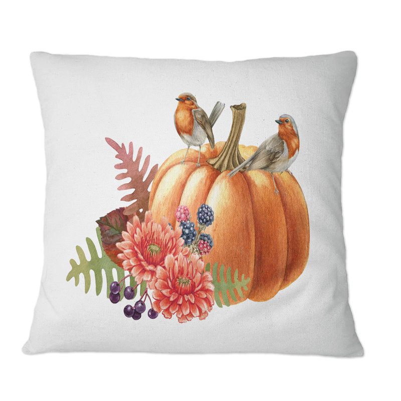 Arrangement d'automne citrouille avec oiseaux - Coussin décoratif à imprimé décontracté, 18 po x 18 po