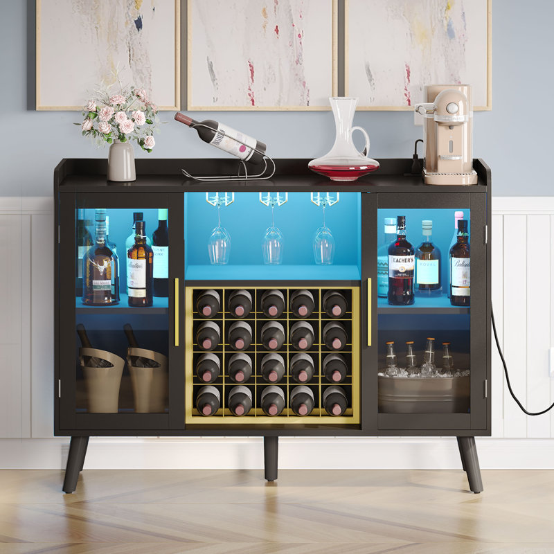 Brevan 53" Modern Bar Cabinet and Wine Bar Cabinet with Power Outlets & LED Lights, Black