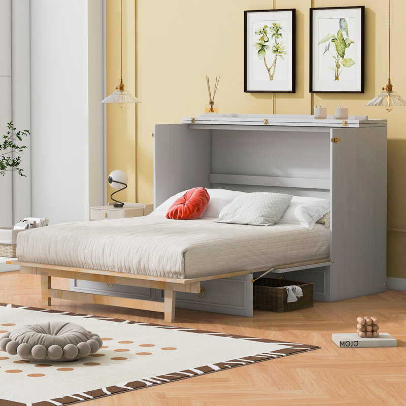 Lit escamotable avec grands tiroirs Murphy, Lit double, Blanc