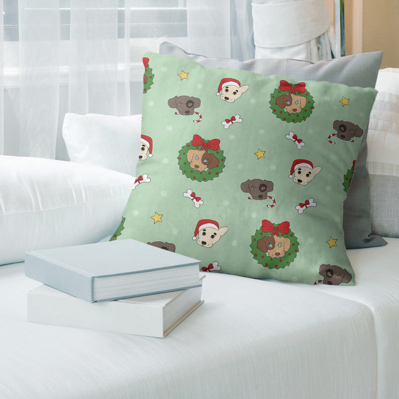 Coussin décoratif chiens de noël, 26 po x 26 po, Vert multi