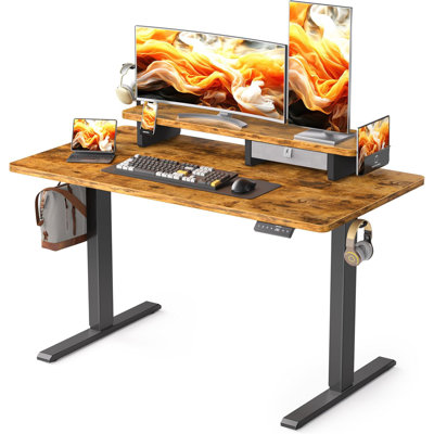 48X24 Inch Rustic Brown Electric Standing Desk: Height-Adjustable Ergonomic Sit-To-Stand Desk With Drawer, Monitor Stand, Phone Holder & 3 Hooks For Home Office