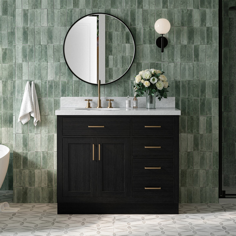 Meuble-lavabo simple en bois massif Tidworth de 42 po avec plateau en marbre de Carrare de 1,5 po, Gauche, Ovale, Chêne noir