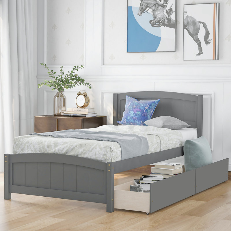 Platform Bed with Two Drawers, Gray