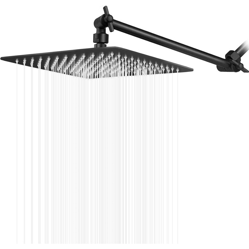 12" Matte Black Square Stainless Steel Rain Shower Head With Adjustable Brass Arm