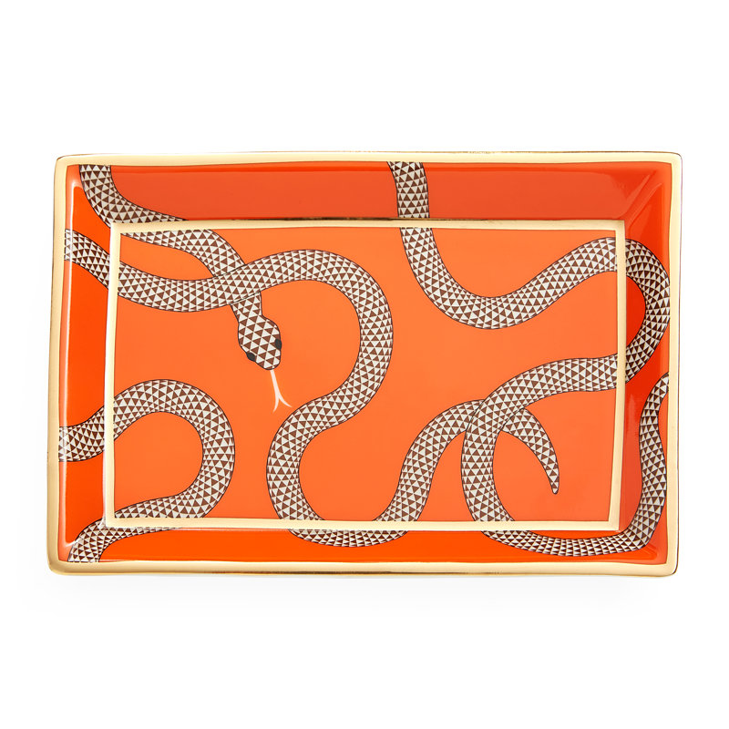 Orange and Gold Ceramic Rectangular Tray with Serpent Motif