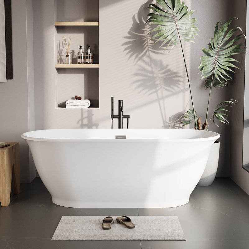 67 Inch Acrylic Freestanding Bathtub, Luxury Oval Soaking Tub, Modern White Stand Alone Bath with Chrome Drain and Overflow, Deep Soaking Tub for Bathroom