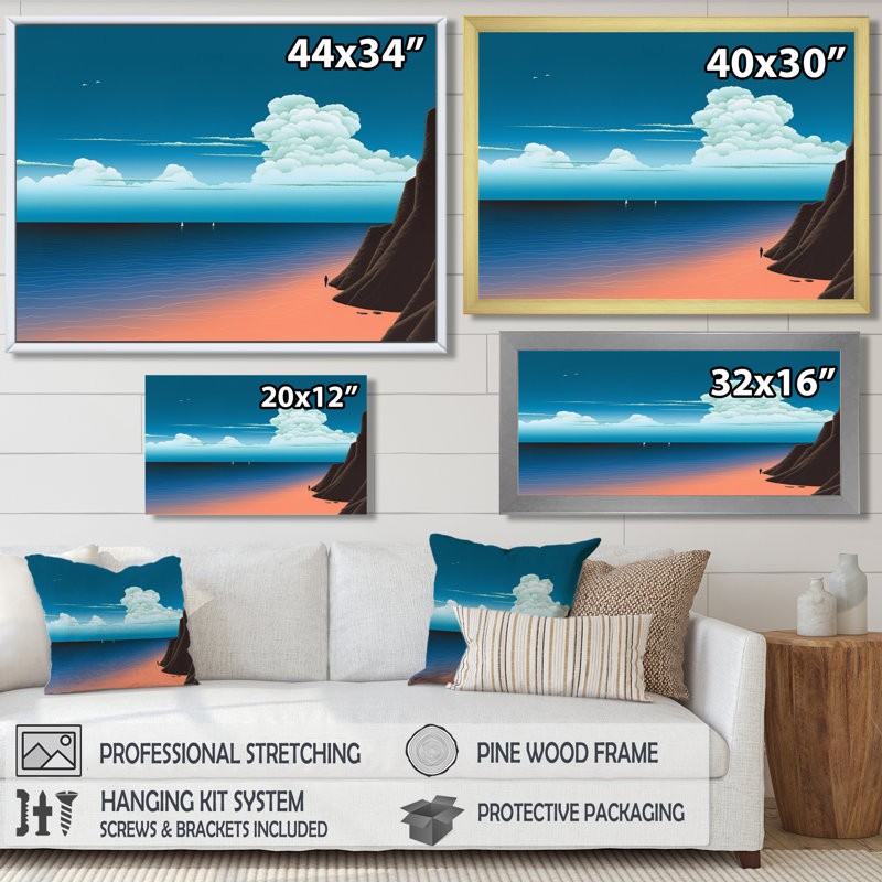Bleu profond océan Horizon montagne nuages - plage et océan, art mural, Toile avec cadre flottant brun