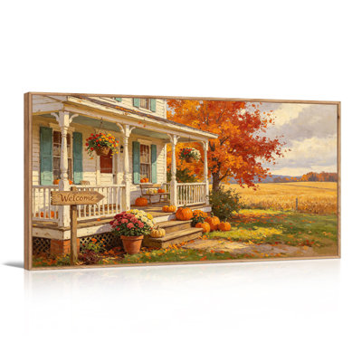 Wood Grain Framed Gallery Canvas Wall Art Farmhouse Autumn Decor Sunflowers and Pumpkins on Wooden Table Canvas Print