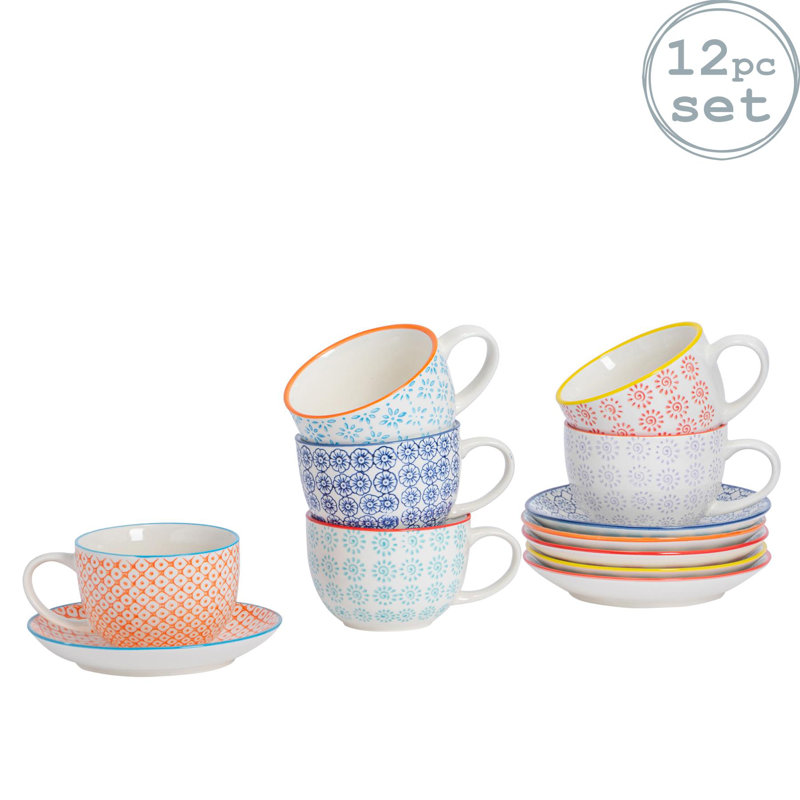 Nicola Spring 12 Piece Hand-Printed Cappuccino Cup & Saucer Set - 250ml - 6 Colours